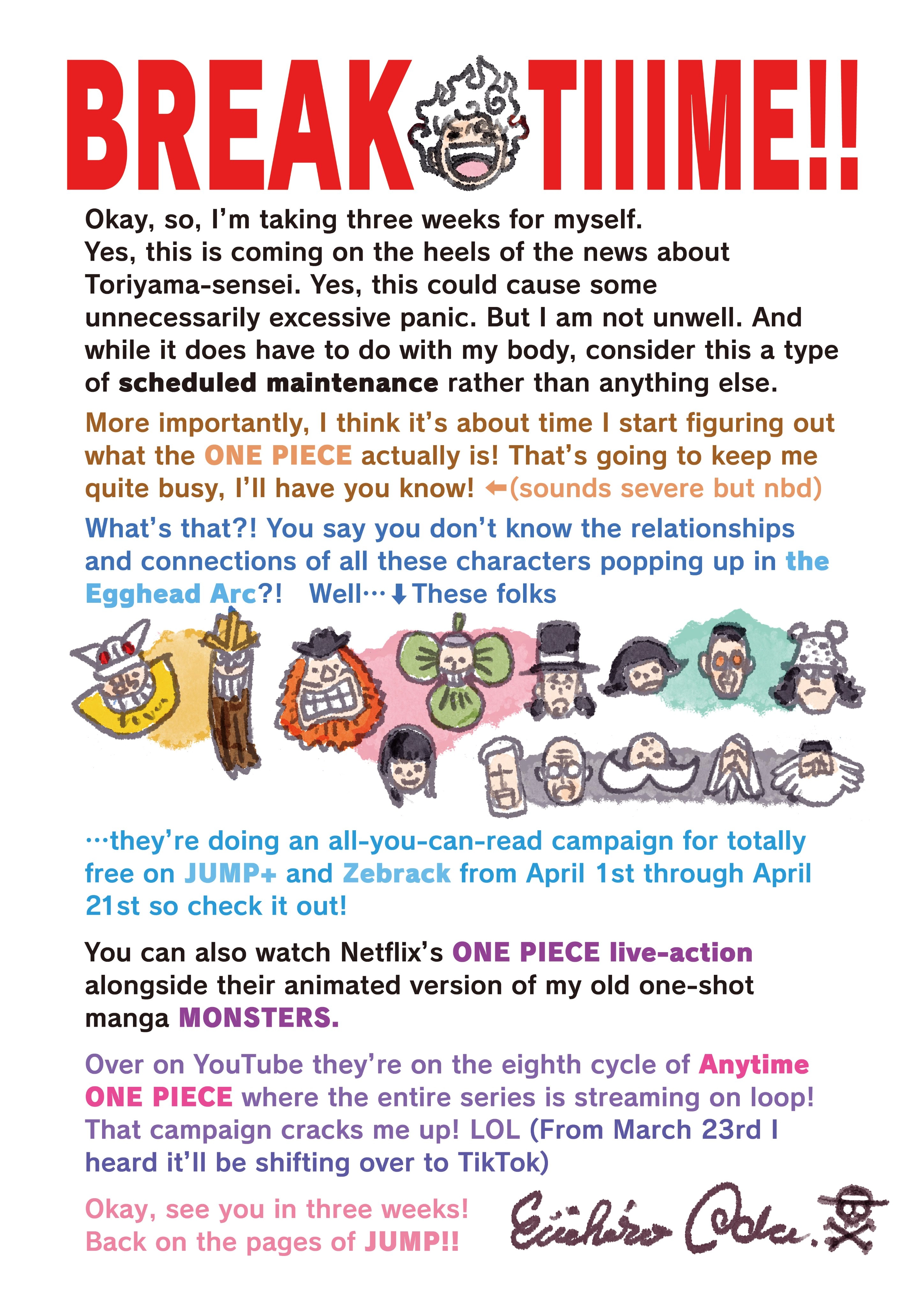 Carta de Eiichiro Oda a sus fans del manga de One Piece