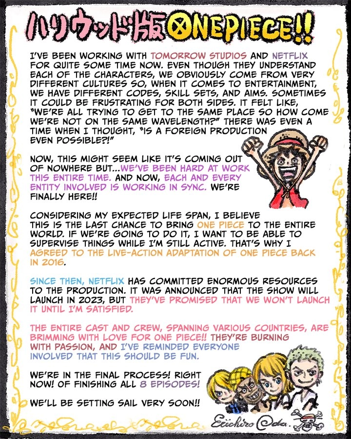 Mensaje de Eiichiro Oda sobre la adaptación live-action de One Piece